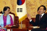 President Lee Myung-bak Talks With Aung San Suu Kyi At The Blue House In Seoul