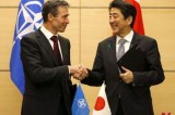 Japanese PM Abe shakes hands with NATO Secretary-General Rasmussen