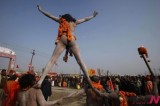Indian Folk Artists Accompany Naked Hindu Holy Men Procession In Religious Congregation