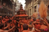 Hindu devotees throw vermilion powder to celebrate Nepali New Year