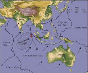 At least four faults within the Indo-Australian plate ruptured simultaneously in April 2012, resulting in two magnitude-8 earthquakes within two hours. (Red stars indicate the epicentres.) (Photo: KEITH KOPER, UNIVERSITY OF UTAH SEISMOGRAPH STATIONS / www.nature.com)