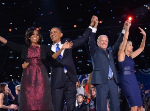 Barack Obama reelected on US Presidential Election for his 2nd term. Left to right: Michelle Obama, Barack Obama, Joe Biden and wife. (Photo: www.biography.com)