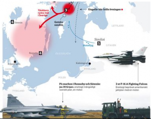 Map showing path of Russian air raids toward Sweden