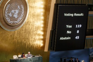 United Nations General Assembly voted in favor of raising a flag of Palestine at its headquarters in New York. (Xinhua/Li Muzi)