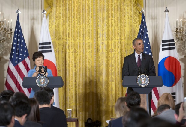 President Barack Obama and South Korean President Park Geun-hye take part in a joint news conference in the East Room of the White House in Washington, Friday, Oct. 16, 2015. 