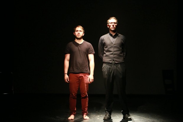 Actors Kyle Tennant (as Luca, on left), and Garan Fitzgerald (as Dr. Kugler, on right) in the play "Origin of the Wind," written by Jennifer Waesher and directed by Rahul Aijaz