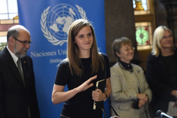 British actress and Goodwill Ambassador of the United Nations (UN) Emma Watson (C) delivers a speech during an event petitioning for the increase of the presence of women in the Parliament in Montevideo, capital of Uruguay, on Sept. 17, 2014. (Xinhua/Nicolas Celaya)