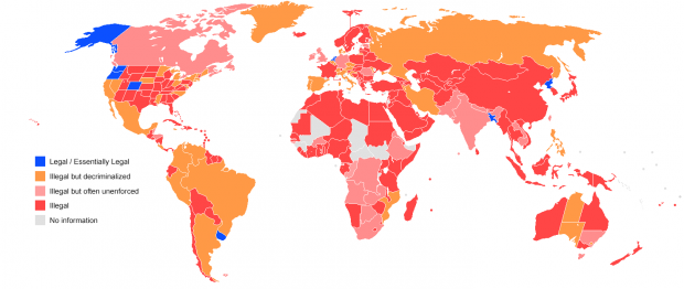 Marijuana legislation in the world, it shows how widely legalized it is in the Middle East. (Wikipedia) 