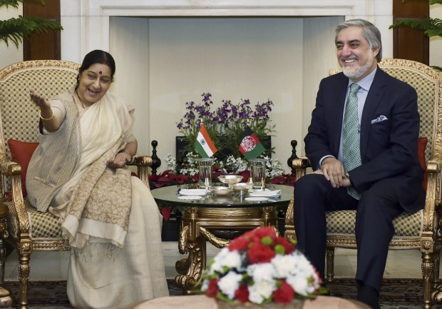 Indian External Affairs Minister Sushma Swaraj, left, talks to Chief Executive Officer of Afghanistan, Abdullah Abdullah, during a meeting in New Delhi, India, Monday, Feb. 1, 2016. Abdullah is on a five-day visit to India. (Kamal Singh/Press Trust of India via AP) INDIA OUT, MANDATORY CREDIT, NO ARCHIVE