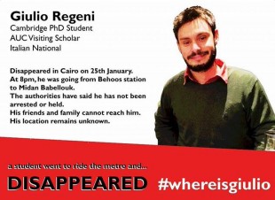 This image posted online after the Jan. 25, 2016 disappearance of Italian graduate student Giulio Regeni in Cairo, Egypt shows Reggeni in a graphic used in an online campaign, #whereisgiulio seeking information on his whereabouts. (#wheresgiulio via AP)