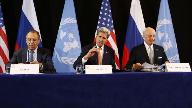 U.S. Secretary of State John Kerry, center, Russian Foreign Minister Sergey Lavrov, left, and UN Special Envoy for Syria Staffan de Mistura, right, arrive for a news conference after the International Syria Support Group (ISSG) meeting in Munich, Germany, Friday, Feb. 12, 2016. Talks aimed at narrowing differences over Syria and keeping afloat diplomacy to end its civil war have gotten under way in Munich. (AP Photo/Matthias Schrader)