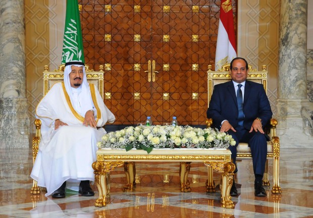 Egyptian President Abdel-Fattah el-Sissi, right, sits with Saudi Arabia's King Salman in Cairo. Egypt welcomed Saudi Arabia's monarch on a landmark visit to the Arab world's most populous country on Thursday, with Cairo seeking to boost ties and garner deals to prop up the nation's shaky economy despite some persistent divisions with the Sunni powerhouse. (Fady Faris, Egyptian Presidency via AP)