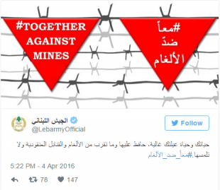 The official twitter account of the Lebanese army urging people to protect themselves and their families by staying away from mines and cluster bombs.