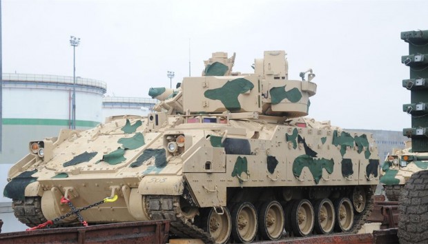 (160505) -- TBILISI, May 5, 2016(Xinhua) -- A U.S. armed vehicle is seen as it arrives in Poti port, Georgia, May 5, 2016. The "Noble Partner 2016" Georgia-U.S. joint military drill is to be conducted from May 11 to 26 at the Vaziani base in Georgia. (Xinhua/Georgian Defense Ministry)