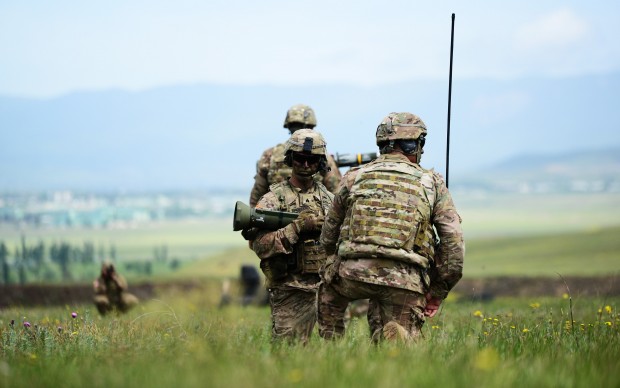 (160514) -- TBILISI, May 14, 2016 (Xinhua) -- Soldiers participate in the "Noble Partner 2016" military drill at the Vaziani base near Tbilisi, Georgia, May 14, 2016. The three-week long joint military drill involved as many as 1,300 soldiers including 500 Georgian servicemen, 650 U.S. servicemen and 150 UK soldiers who incorporate a full range of equipment. (Xinhua/Kate Sovdagari)