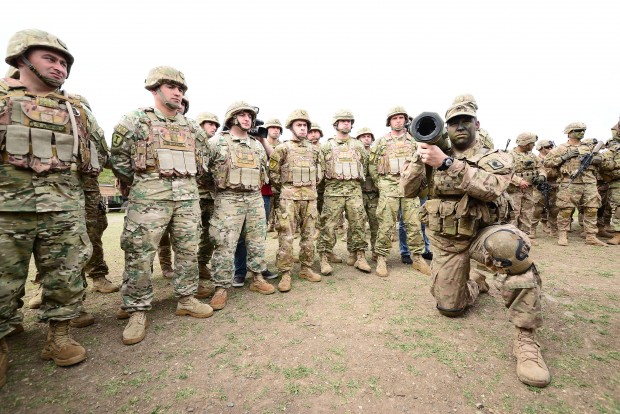 (160514) -- TBILISI, May 14, 2016 (Xinhua) -- Soldiers participate in the "Noble Partner 2016" military drill at the Vaziani base near Tbilisi, Georgia, May 14, 2016. The three-week long joint military drill involved as many as 1,300 soldiers including 500 Georgian servicemen, 650 U.S. servicemen and 150 UK soldiers who incorporate a full range of equipment. (Xinhua/Kate Sovdagari)