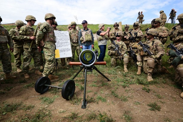 (160514) -- TBILISI, May 14, 2016 (Xinhua) -- Soldiers participate in the "Noble Partner 2016" military drill at the Vaziani base near Tbilisi, Georgia, May 14, 2016. The three-week long joint military drill involved as many as 1,300 soldiers including 500 Georgian servicemen, 650 U.S. servicemen and 150 UK soldiers who incorporate a full range of equipment. (Xinhua/Kate Sovdagari)