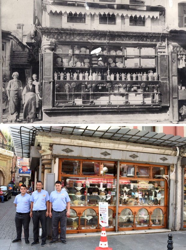 ISTANBUL, Aug. 30, 2016(Xinhua) -- This combo photo shows the outside view of Haci Bekir shop taken in the 19th century (top) and Aug. 29, 2016. Haci Bekir was founded in 1777 and has become a world famous Turkish dessert brand. (Xinhua/He Canling) (lrz)