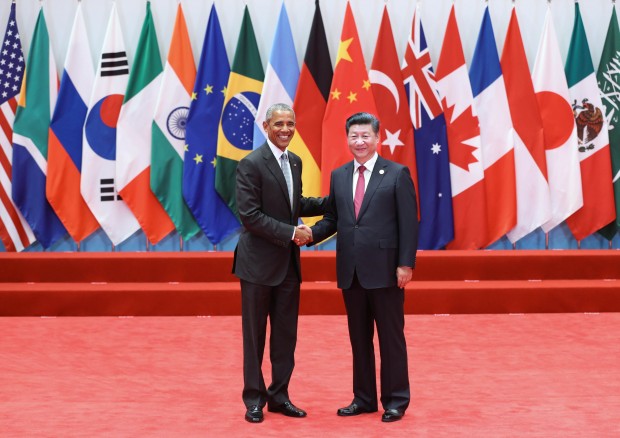 (160904) -- HANGZHOU, Sept. 4, 2016 (Xinhua) -- Chinese President Xi Jinping welcomes U.S. President Barack Obama before the Group of 20 (G20) summit in Hangzhou, capital of east China's Zhejiang Province, Sept. 4, 2016.  (Xinhua/Ma Zhancheng)(zkr)