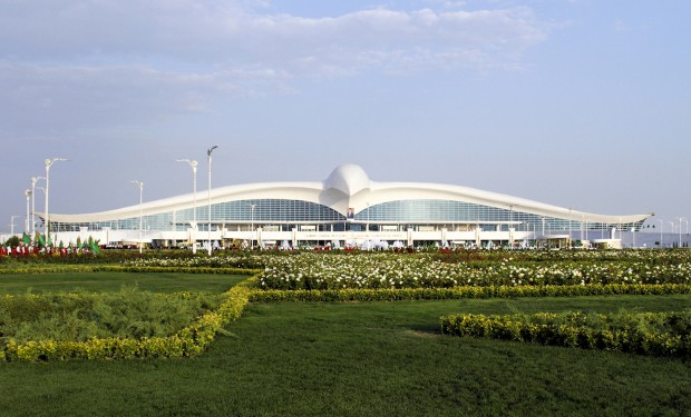 A view of the new international airport terminal outside Ashgabat, Turkmenistan, Saturday, Sept. 17, 2016. The capital of Turkmenistan, a country largely closed to outsiders, has opened a $2.3-billion terminal at its international airport in the shape of a flying falcon. The terminal, whose roof in profile resembles a bird with spread wings, adds to Ashgabat's vast array of gleaming, idiosyncratic buildings. (AP Photo)
