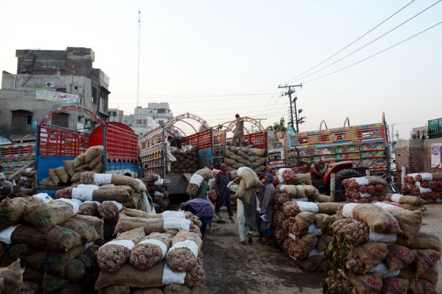 (161016) -- LAHORE (PAKISTAN), Oct. 16, 2016 (Xinhua) -- Pakistani vendors carry sacks of potatoes at a fruit and vegetable market on the World Food Day in eastern Pakistan's Lahore, on Oct. 16, 2016. World Food Day, which falls on Oct. 16, is an opportunity to raise awareness about undernourishment and encourage societies and all actors to end hunger. (Xinhua/Sajjad) (lr)