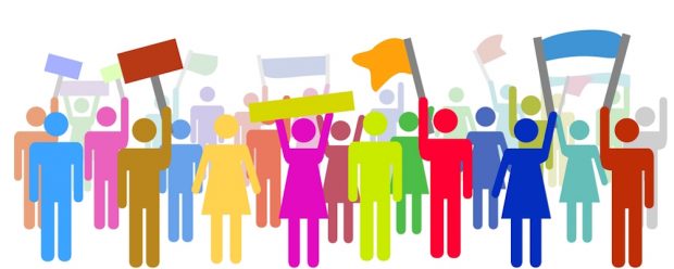 Illustration of many isolated colorful protesters protesting