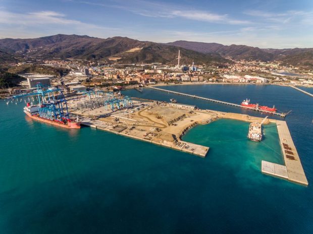 The photo shows a bird's-eye view the container terminal of the Vado Ligure port. (Photo by Vado Holding B.V) 