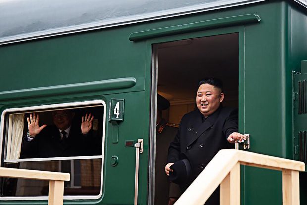  KHASAN, PRIMORYE TERRITORY, RUSSIA - APRIL 24, 2019: North Korea's Supreme Leader Kim Jong-un by his armored train at a railway station. Alexander Safronov/Press Office of the Primorye Territory Administration/TASS/2019-04-24 13:29:50/ 