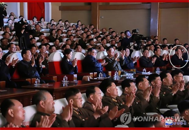 North Korean leader Kim Jong-un (6th from R, 2nd row) watches a performance given by amateur art groups made up of the wives of officers of the Korean People's Army in Pyongyang on June 2, 2019, in this photo released by the North's official Korean Central News Agency on June 3. Kim Yong-chol (in white circle), a close aide to the North Korean leader who has led the country's diplomatic efforts with the United States and South Korea, also watched the performance. He had been reported to have been banished and punished with hard labor. (For Use Only in the Republic of Korea. No Redistribution) (Yonhap)