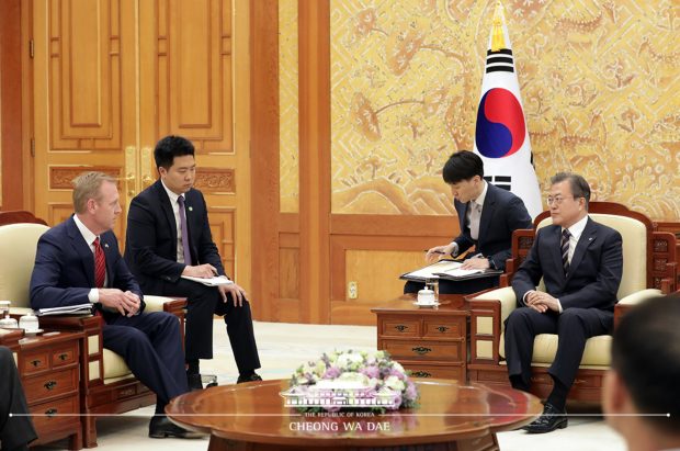 South Korean President Moon Jae-in(R) and U.S. Defense Secretary Patrick Shanahan(L) have a meeting at Cheng Wa Dae in Seoul On June 3, 2019. 