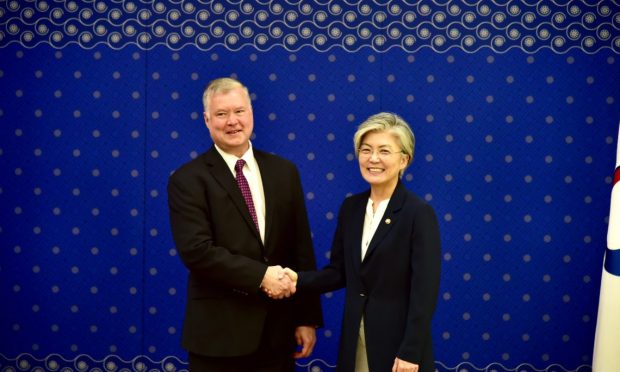 Special Representative for North Korea Stephen Biegun with South Korea’s Foreign Minister Kang Kyung-wha (U.S. embassy in Korea)