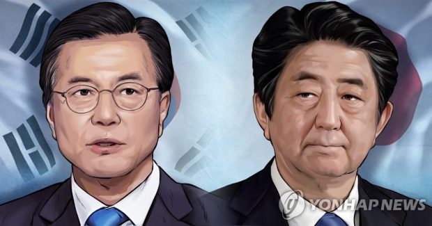 A combined image of South Korean President Moon Jae-in and Japanese Prime Minister Shinzo Abe (Yonhap)