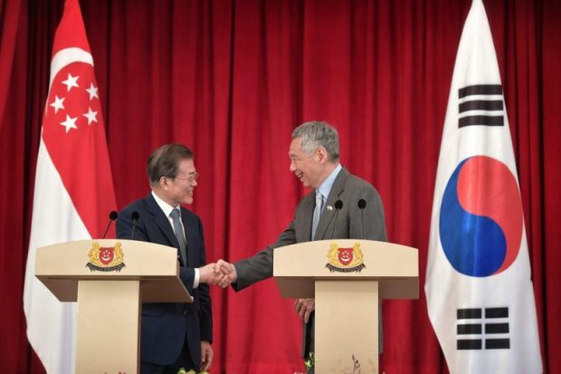 Prime Minister Lee Hsien Loong and South Korean President Moon Jae-In at a joint press conference at the Istana on July 12, 2018 (The Straits Times)