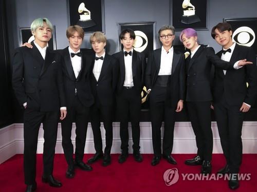 This photo provided by Big Hit Entertainment shows BTS during a red carpet event for the 2019 Grammy Awards. (Yonhap)