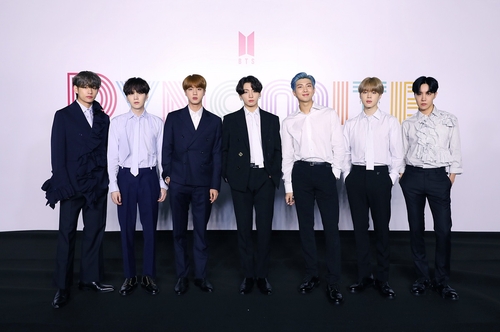 In this photo provided by Big Hit Entertainment, members of K-pop sensation BTS pose for photos during an online press conference for the new single "Dynamite" held in Seoul on Aug. 21, 2020. (Yonhap)
