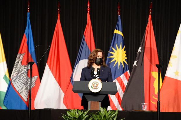Photo caption: Vice President Kamala D. Harris speaks at the launching ceremony of the CDC Southeast Asia Regional Office in Hanoi on August 25. Photo from the US Embassy in Vietnam.