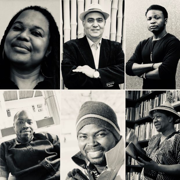 six African national coordinators of World Poetry Movement: Dr. Ayo Ayoola-Amale, Ashraf Aboul-Yazid (Ashraf Dali), Hannu Afere, Patron Henekou, Mpesse Géraldin and Rethabile Masilo .