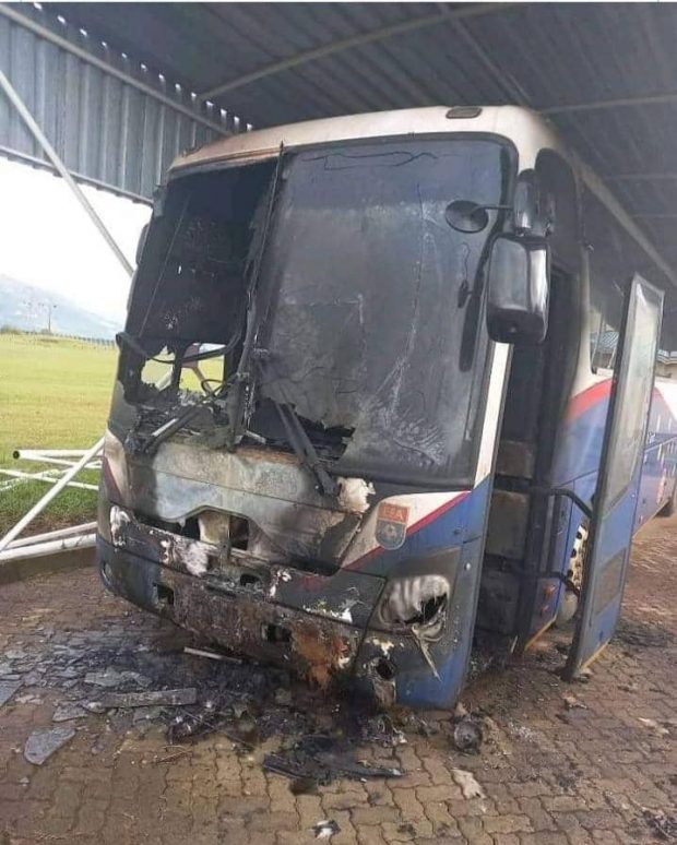 Eswatini National soccer team's bus which was bombed early this week by revolutionary forces.