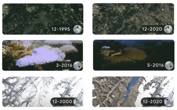 Images of deforestation of the Harz forests in Germany, coral bleaching on the Great Barrier Reef in Australia and glacial melt in Sermersooq, Greenland appear as the Earth Day 2002 Google doodle.