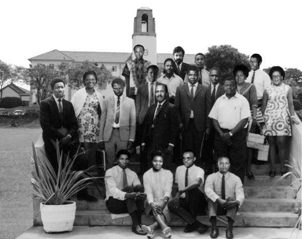 An artist's impression of a group portrait of participants in the First Conference of African Writers of Expression in English, Makerere University, 1962 (Illustration: Dada Khanisa). Photo from Chimurenga's diary.