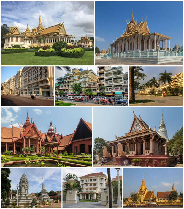 From top, left to right: Royal Throne Hall, Silver Pagoda, a street in Koh Pich, Sisowath Quay, Riverside Park, National Museum, Wat Phnom, Royal Stupas, Hotel Le Royal, Supreme Court Building (Wikipedia)