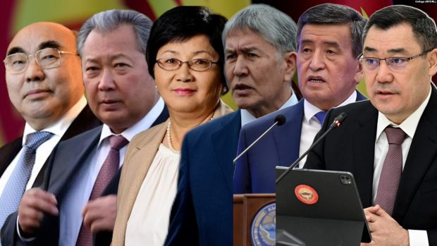 The past six presidents of Kyrgyzstan: Askar Akaev, Kurmanbek Bakiev, Roza Otunbaeva, Almazbek Atambaev, Sooronbay Jeenbekov, and Sadyr Japarov (rferl)