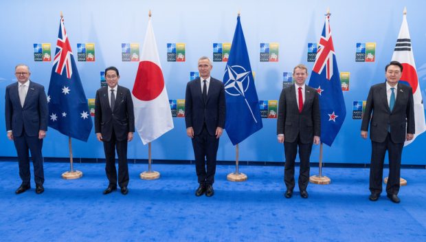 Left to right: Anthony Albanese (Prime Minister of Australia); Fumio Kishida (Prime Minister of Japan); NATO Secretary General Jens Stoltenberg; Christopher Hipkins (Prime Minister of New Zealand); President Suk Yeol Yoon (Republic of Korea)