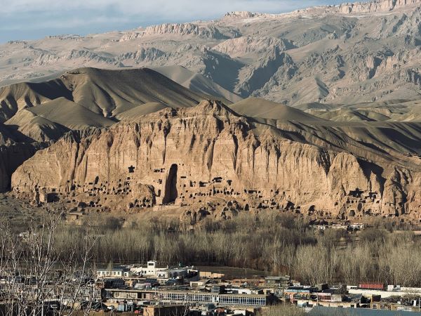 Bamiyan Stone Buddhas and surrounding villages taken from a high mountain on the other side